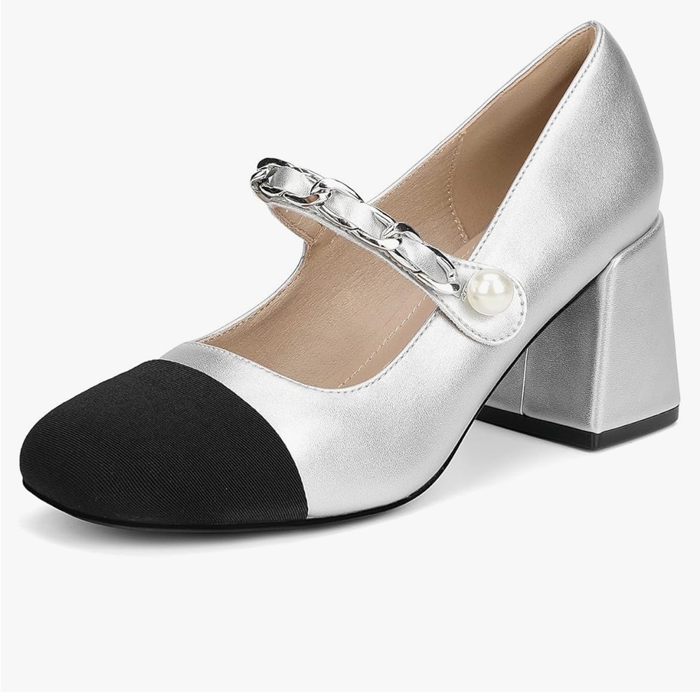 Chic Silver and Black Women's Block Heel Shoes
